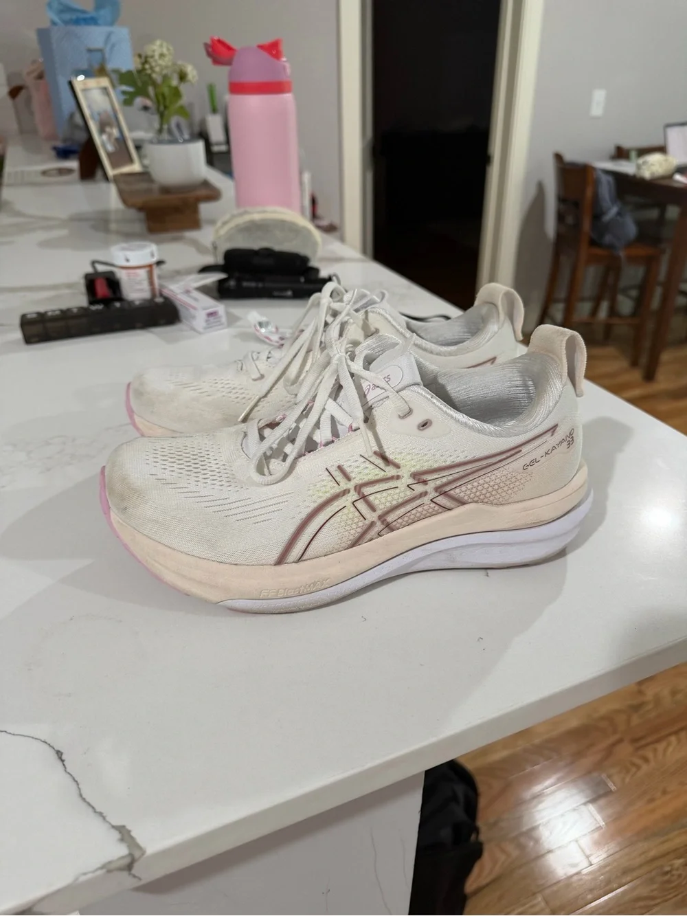 Asics GEL-Kayano 33 Women's Running Shoe - White with Pink Accents